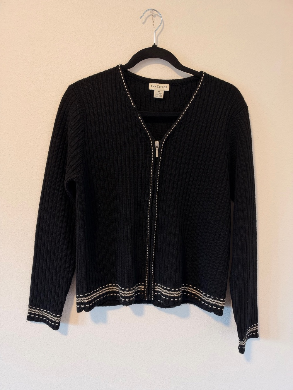Ann Taylor Women’s Wool Zip Cardigan Black White Trim Size Medium